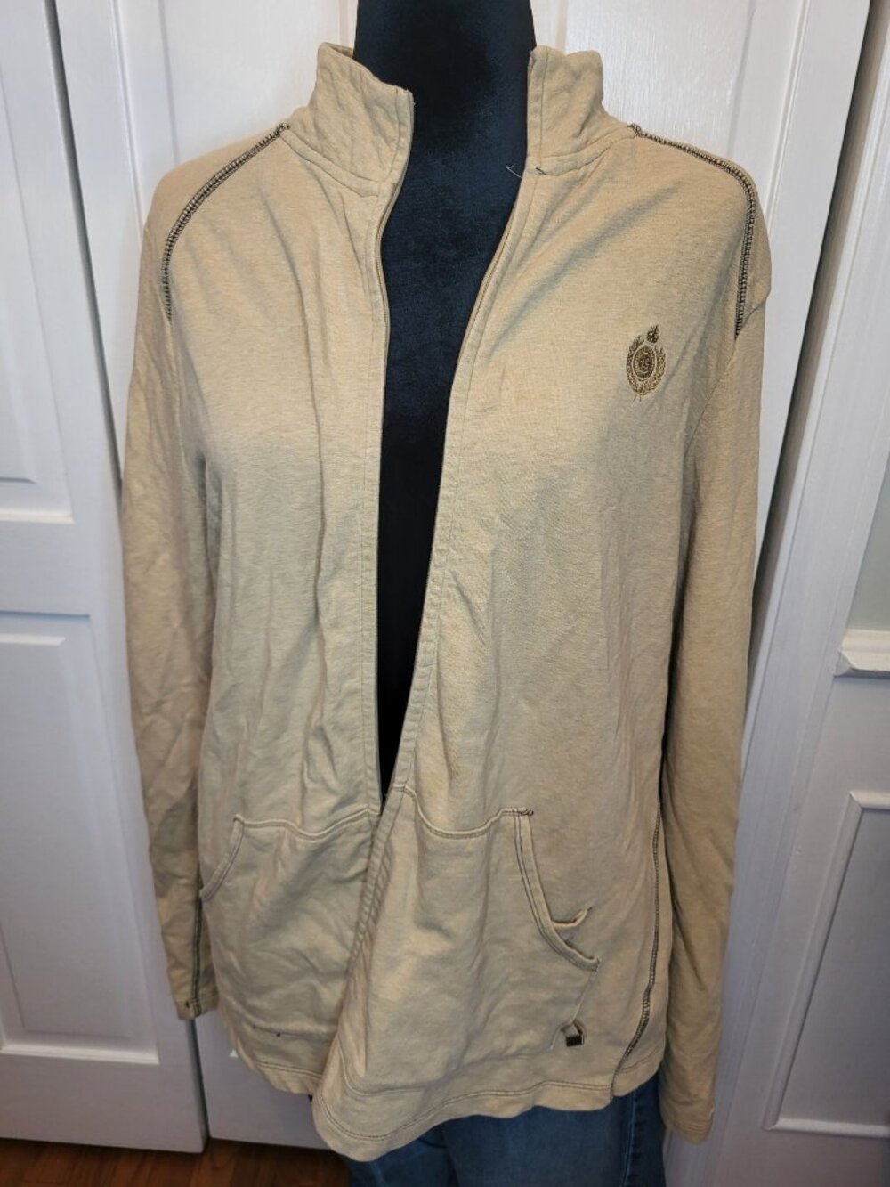 Liz Claiborne Tan Zip Up Track Jacket L Crest  Neutral Y2K Preppy Sporty Fall